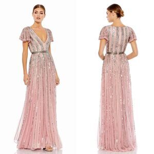 Mac Duggal Women 6 Striped Sequin V Neck Gown Rose Pink Beading 70108 NEW FLAW